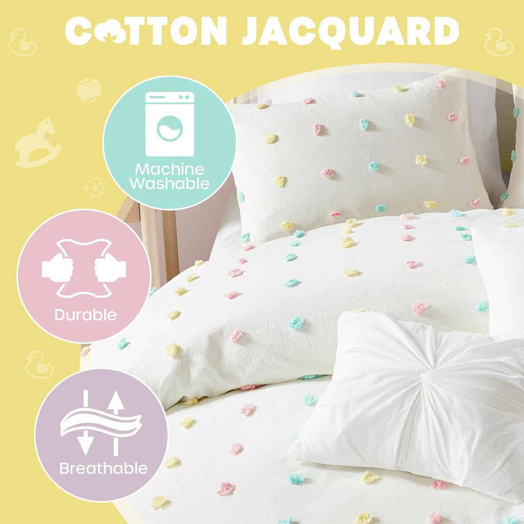 Girls Comforter Set, Ivory 5-Piece Kids Bedding, 100% Cotton Tufted Pom Pom Tufted Jacquard, All