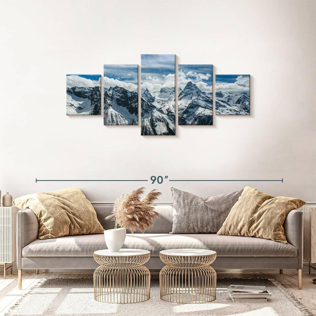 Rocky Mountains Wall Art Multi Piece Canvas - 5 Panel Nature Wall Decor - Snowy Scenery of the Pine Forest and