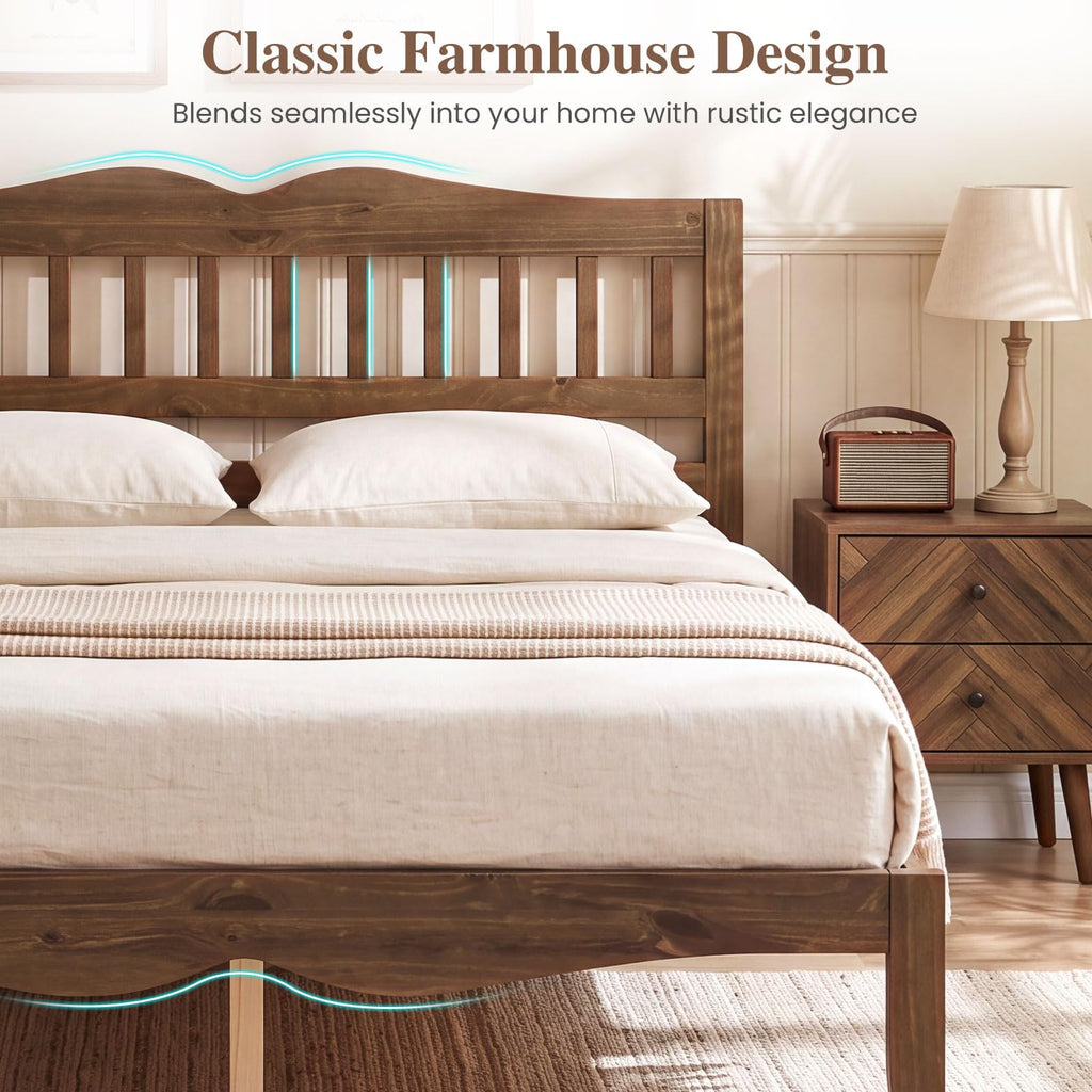 Full Size Wooden Bed Frame with Slatted Headboard, Walnut