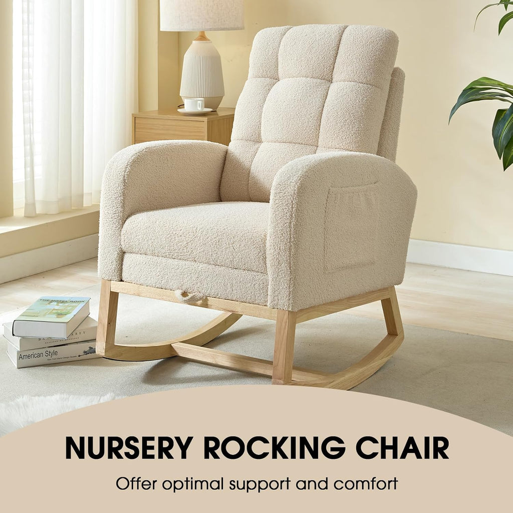 Modern Nursery Rocking Chair, Teddy Upholstered Rocking Chair with Footrest, Comfortable Rocker Glider with Side