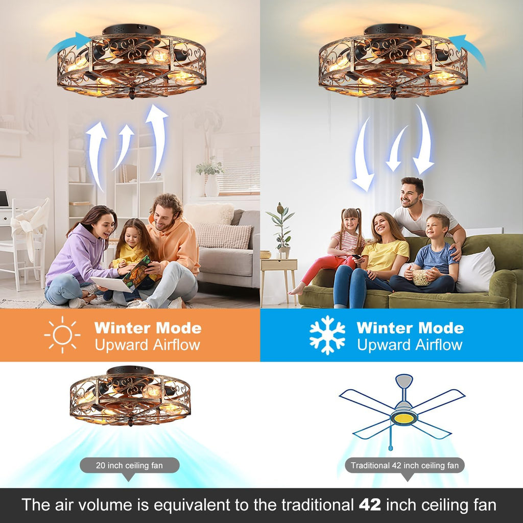 20'' Caged Ceiling Fan with Lights and Remote Control,Small Farmhouse Bladeless Low Profile Ceiling Fans Lights