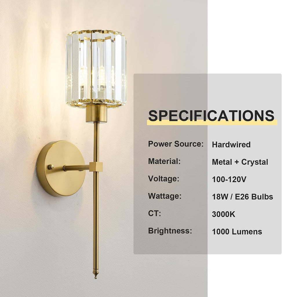 Hardwired Crystal Wall Sconces Set of Two - Dimmable Wall Light Fixtures 3000K, Warm White, for Hallway, Bathroom