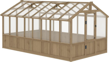 8x16FT Wood Greenhouse, Greenhouses with Cedar Frame, 6MM Thick Polycarbonate Panel, Wooden Green House with