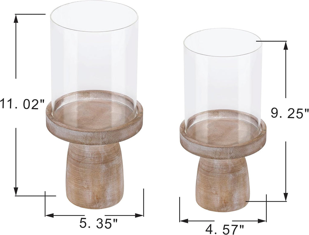 4" & 5" Glass Hurricane Candle Holders with Distressed Brown Solid Wooden Base in Set of 2, Decorative Centerpiece