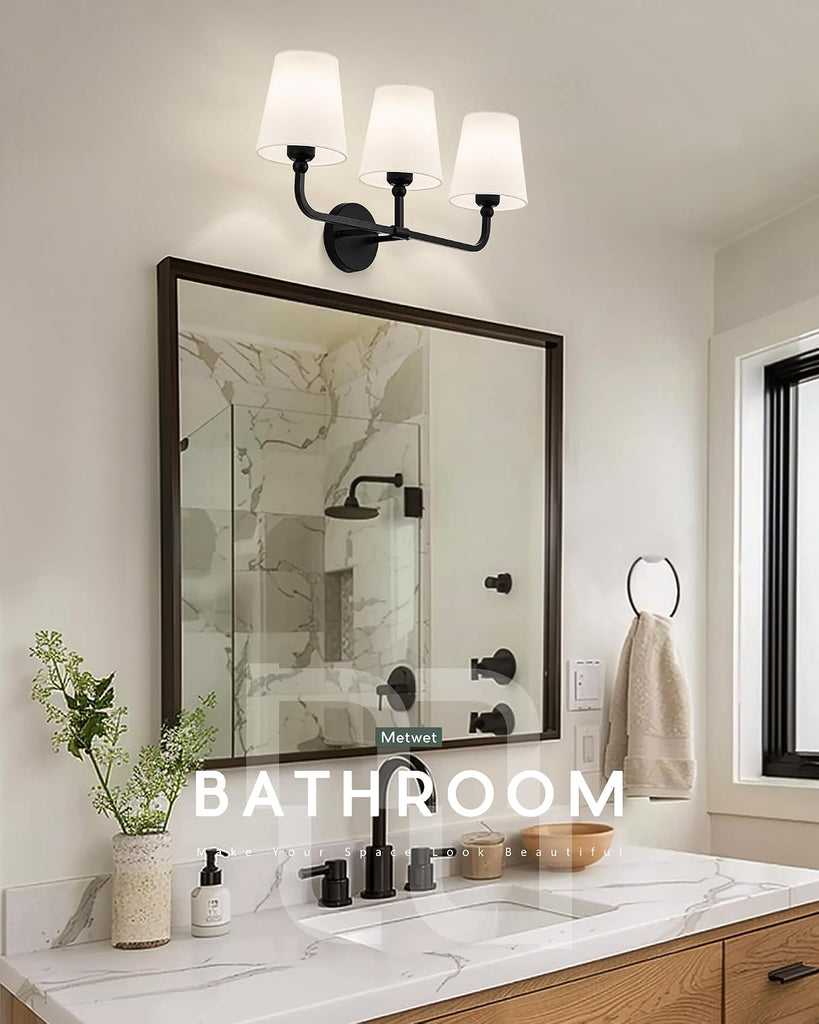 Bathroom Light Fixtures, Matte Black Vanity Lights with Flared White Fabric Shade, 3 Light Wall Sconce, Modern