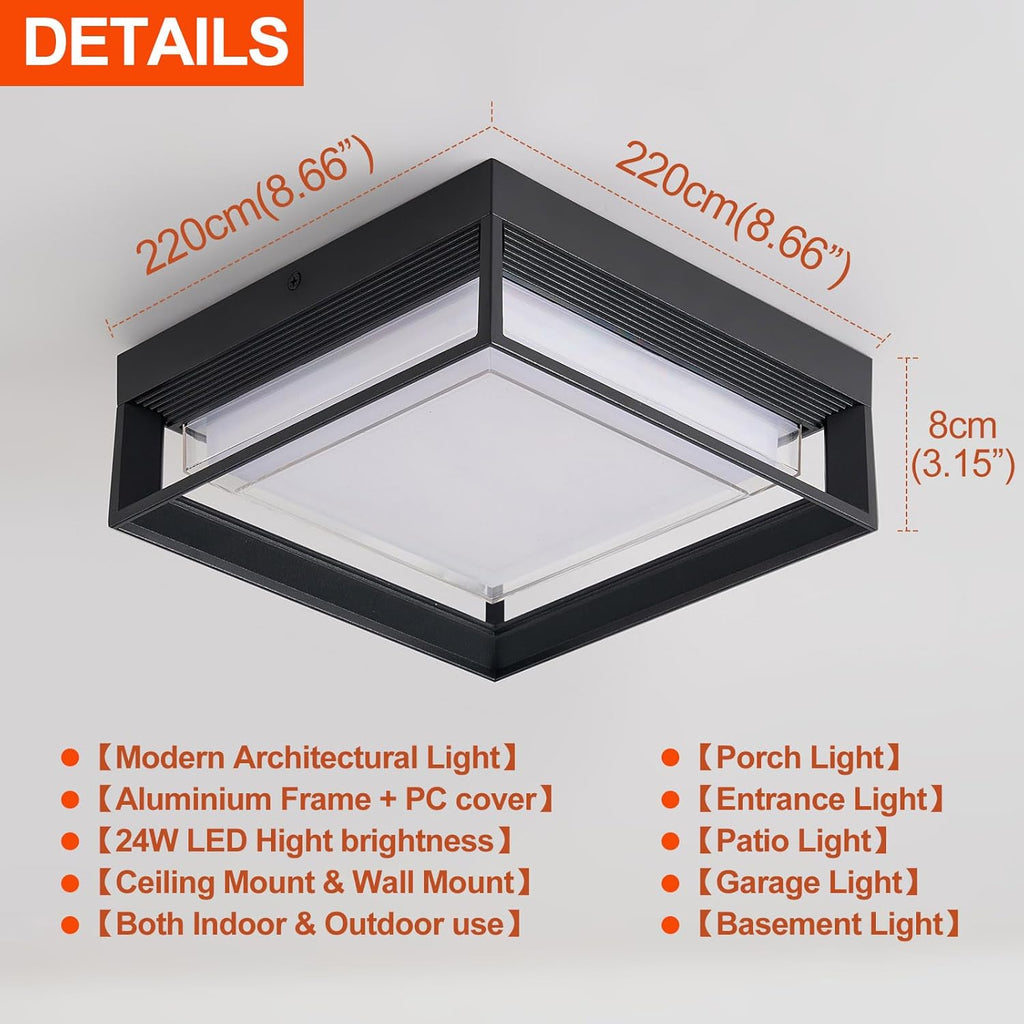 Square Flush Mount Outdoor LED Ceiling Light Fixture