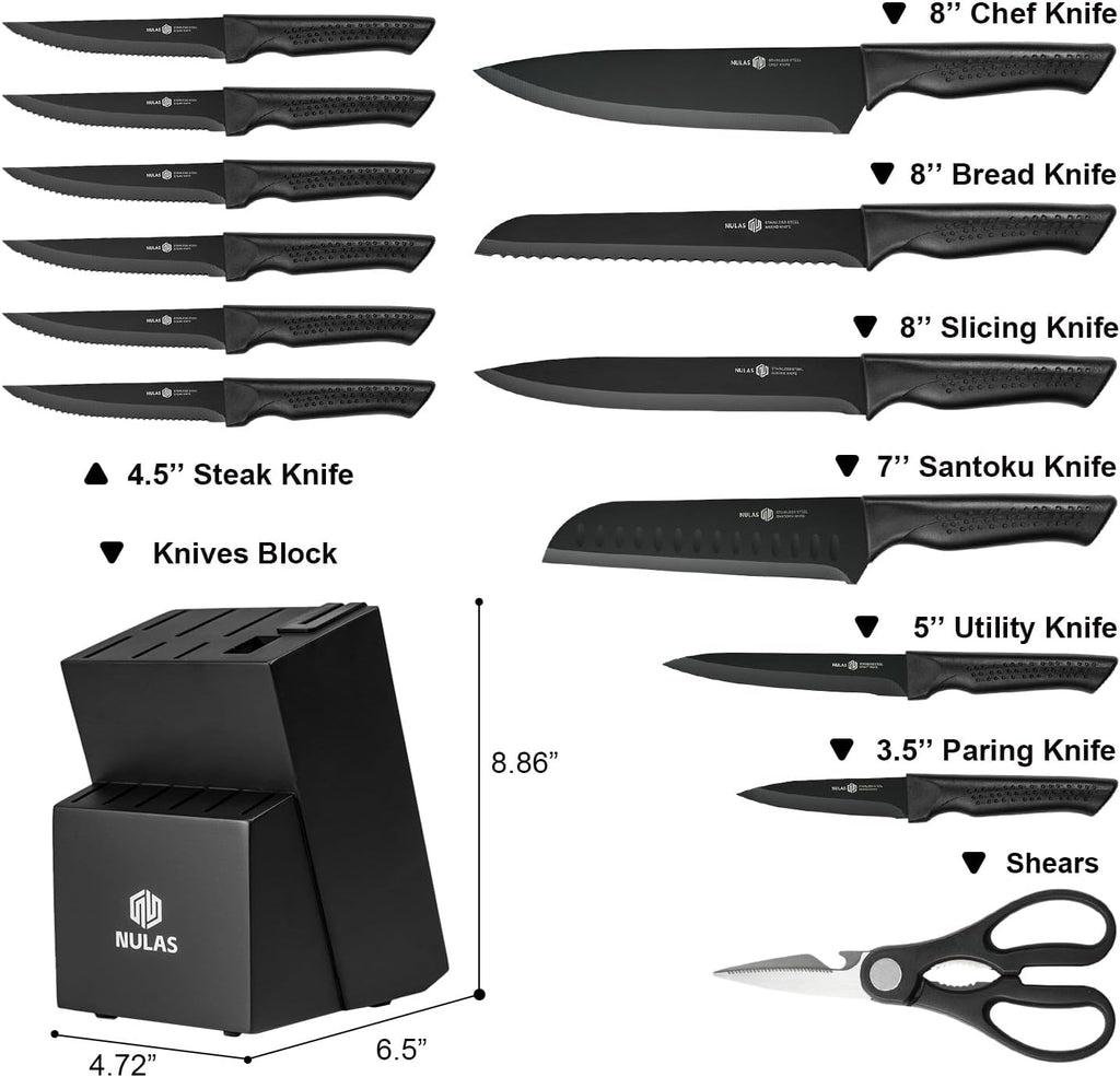 Knife Set, 15-Piece Kitchen Knife Set with Block and Built-in Sharpener, Dishwasher Safe, Non-slip Handle, 6 Steak