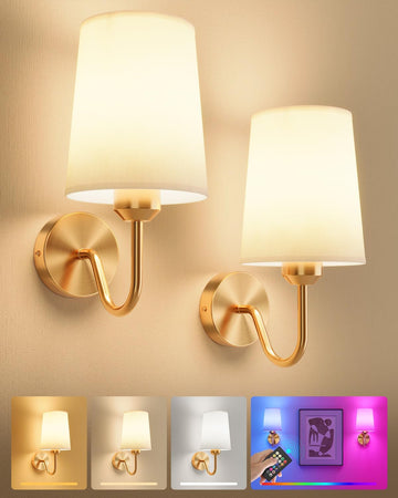 Battery Operated Wall Sconces Set of 2, Wireless Rechargeable Dimmable Wall Light with RGB Bulb and Remote for Bedroom, Living Room, Hallway (Gold)