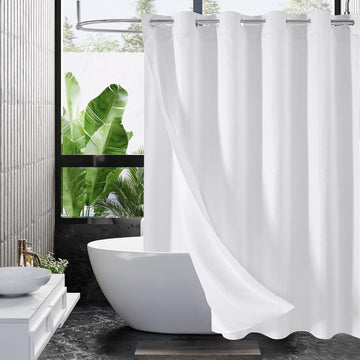 No Hooks Need White Shower Curtain Liner Set, Modern Weave Fabric Shower Curtains with Snap-in Liner for Luxury Hotel