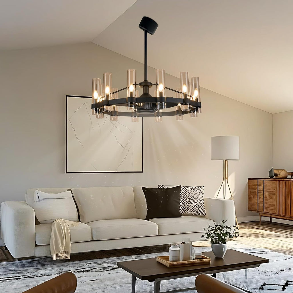 Inspired Ravelle Style Black Ceiling Fans with 12 Lights Wagon Wheel Chandelier, 38 Inch Modern Farmhouse Fandelier, Quiet 6-Speed Reversible DC Motor, 1/2/4H Remote Timing for Living Room/Bedroom/Kitchen
