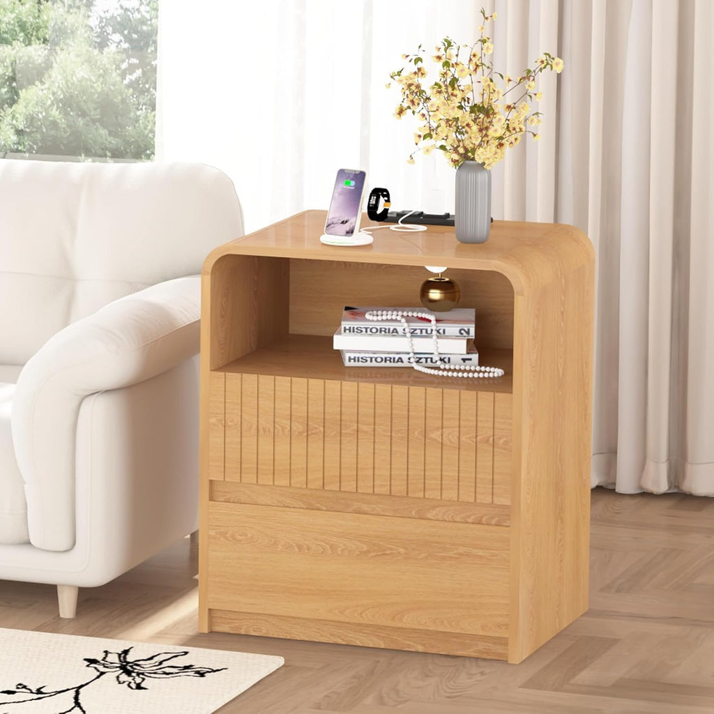 Modern Nightstand with Charger Station, 24" Tall Mid Century End Table with 2 Storage Drawers, Wood Bedside Table