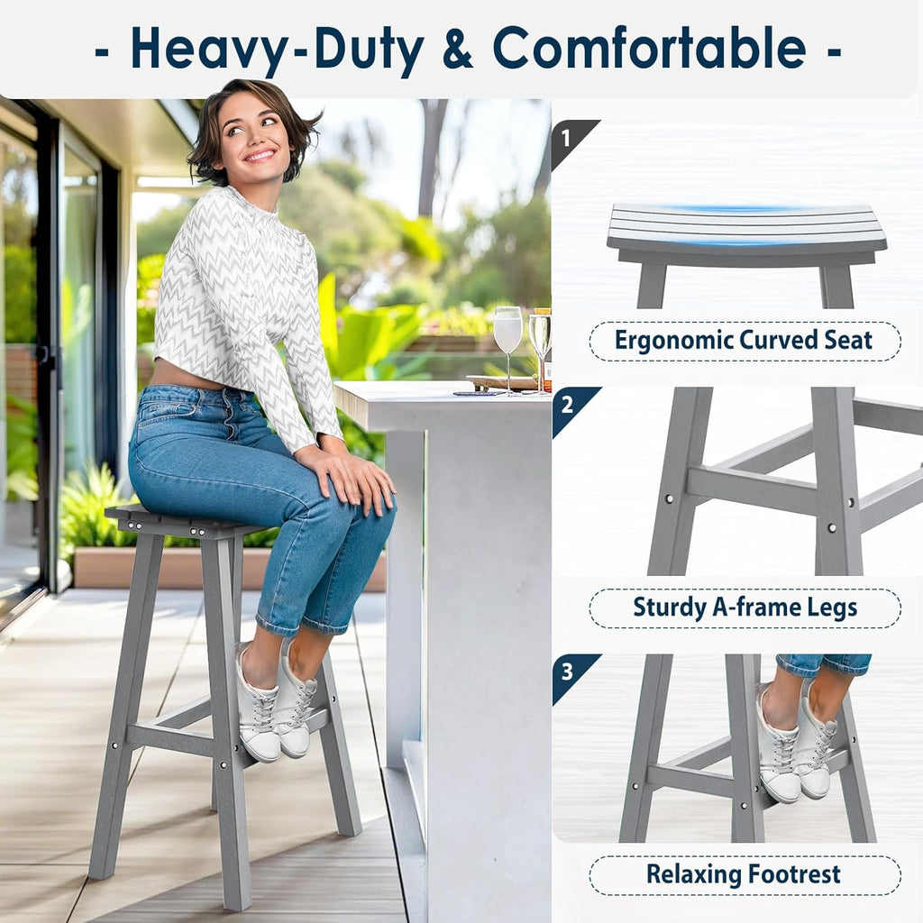 29 Inch Outdoor Bar Stool, HDPE Bar Chairs with Footrest, Weather Resistant Waterproof Bar Stools Outside Bar Height