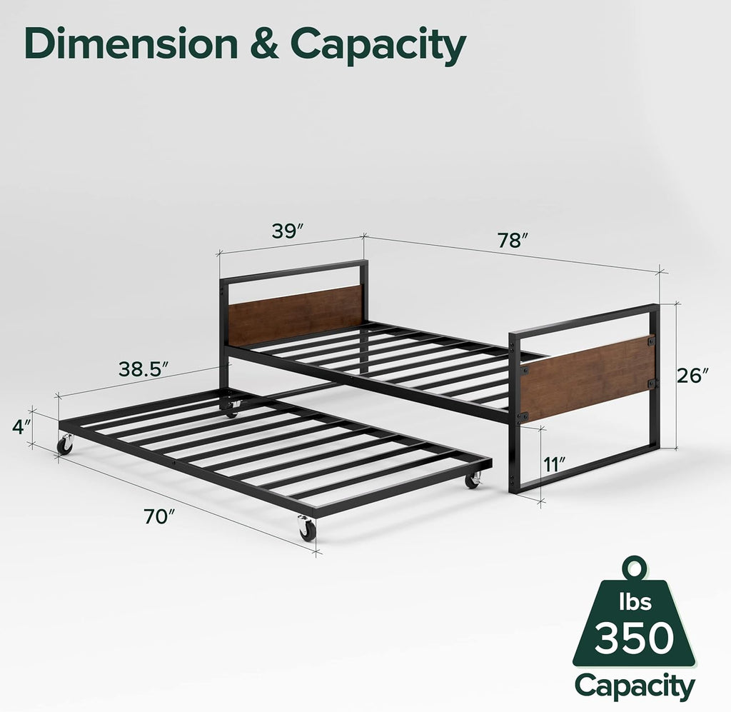 Suzanne Bamboo and Metal Daybed with Trundle / Mattress Foundation with Steel Slat Support / Easy Assembly, Twin