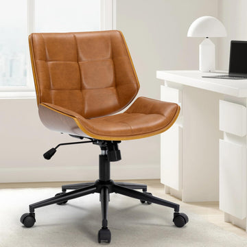 Office Chair No Arms, Armless Adjustable Height Small Desk Chair, PU Leather Swivel Computer Chair with