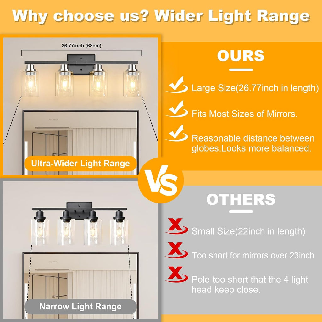 Modern Bathroom Light Fixtures, 4 Light Vanity Lights Over Mirror, Black and Brushed Nickel Wall Lamp with Clear