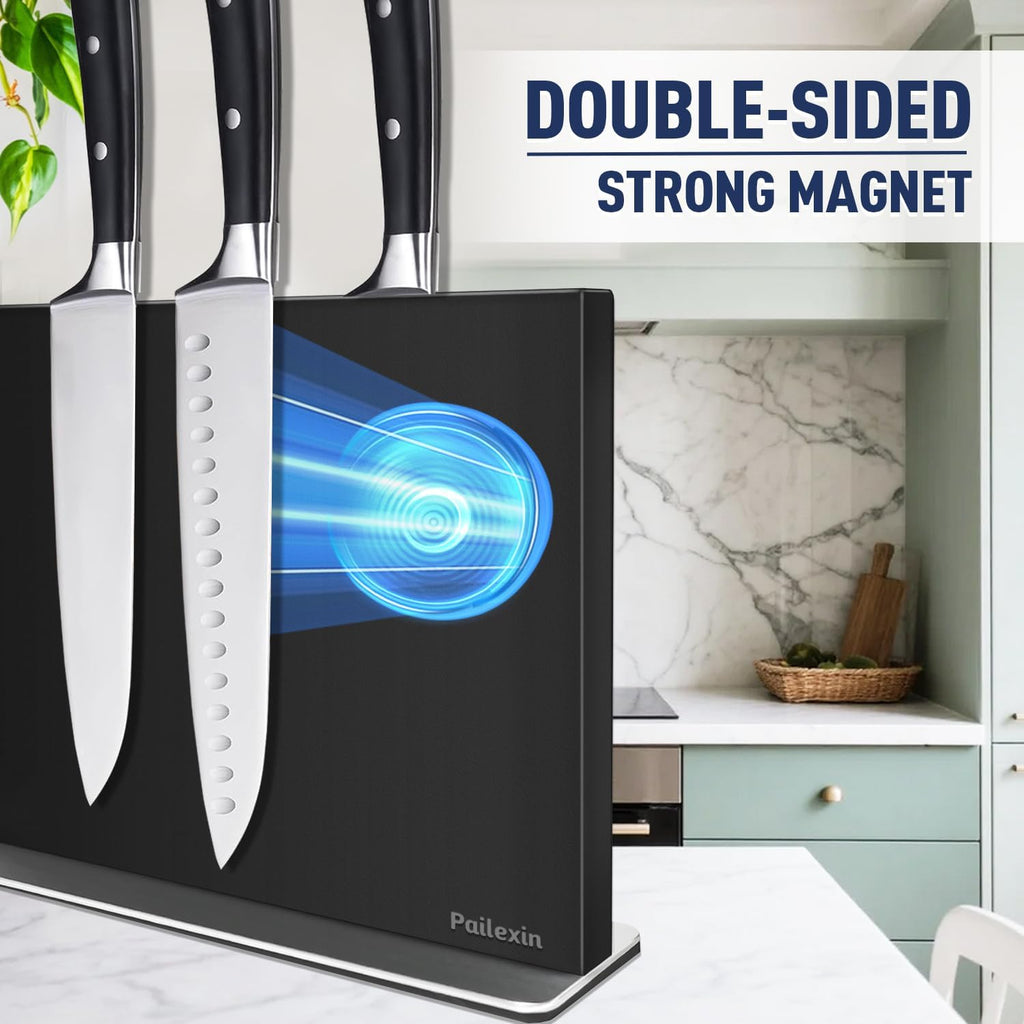 Magnetic Knife Block Without Knives-Black Stainless Steel Double-Sided Magnetic Knife Holder Stand with Strong