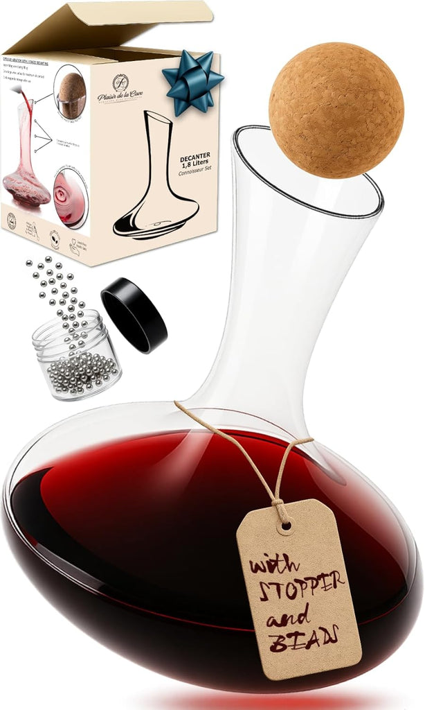 Wine Decanter & Accessories (Cork Stopper + Cleaning Beads) - 100% Lead-Free Crystal Wine Carafe - Unique Gift Idea
