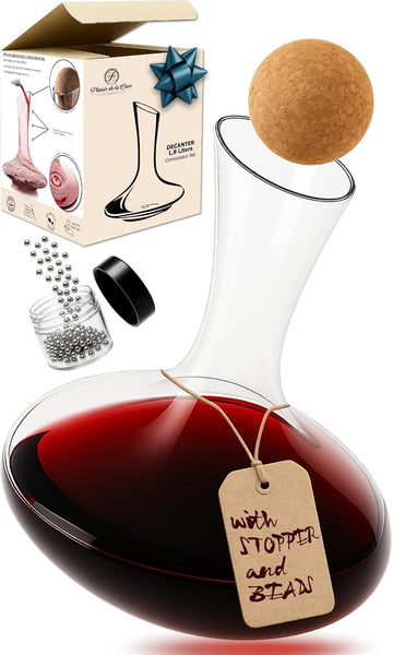 Wine Decanter & Accessories (Cork Stopper + Cleaning Beads) - 100% Lead-Free Crystal Wine Carafe - Unique Gift Idea