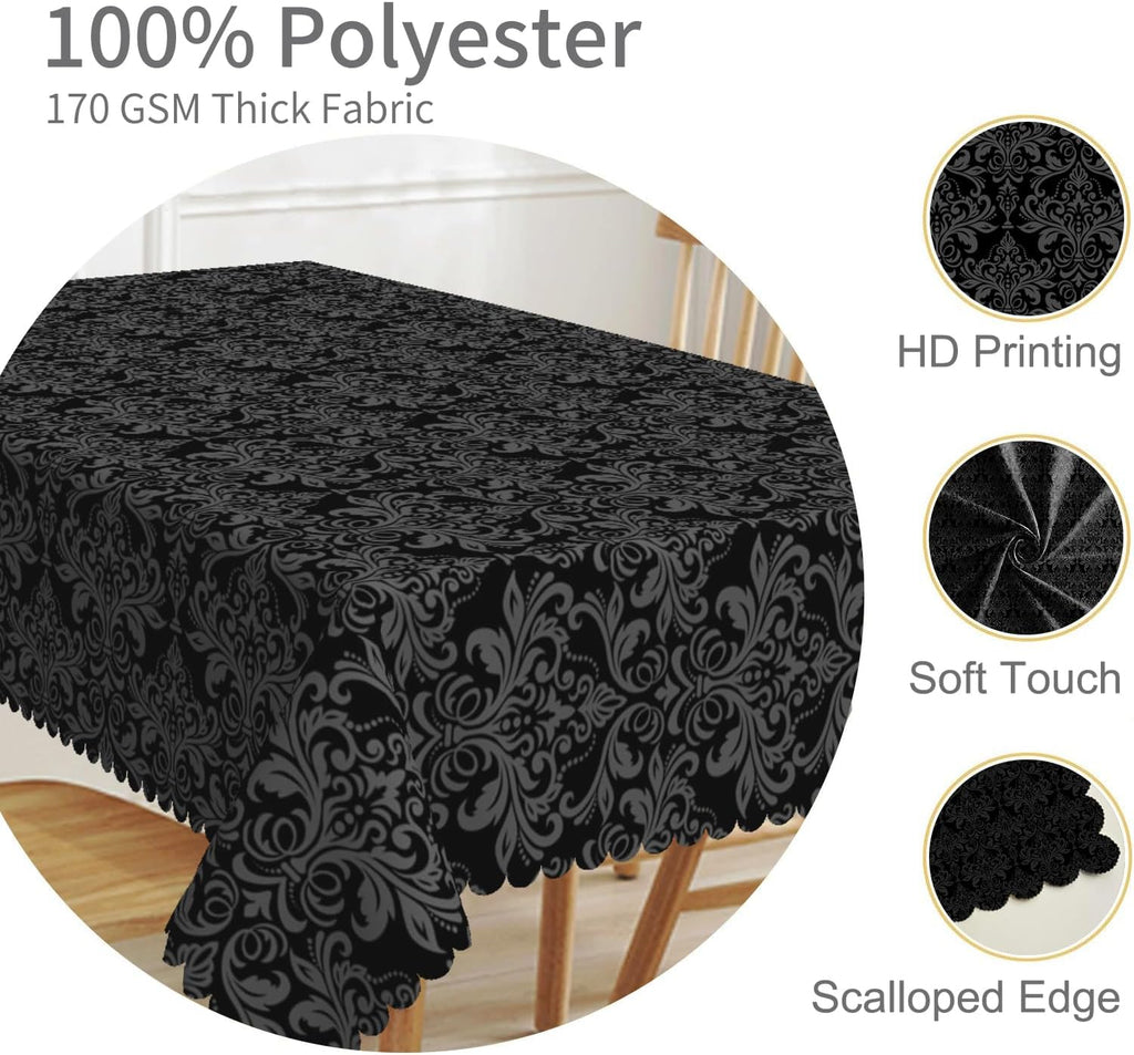 60x102inches Black Print Rectangle Tablecloth Damask Pattern Polyester Table Cloth Waterproof Wrinkl