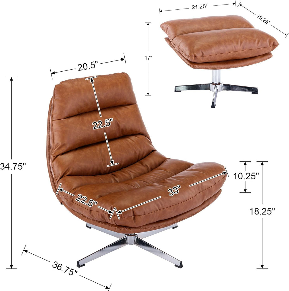 Modern Swivel Lounge Chair and Ottoman — Brown Faux Leather