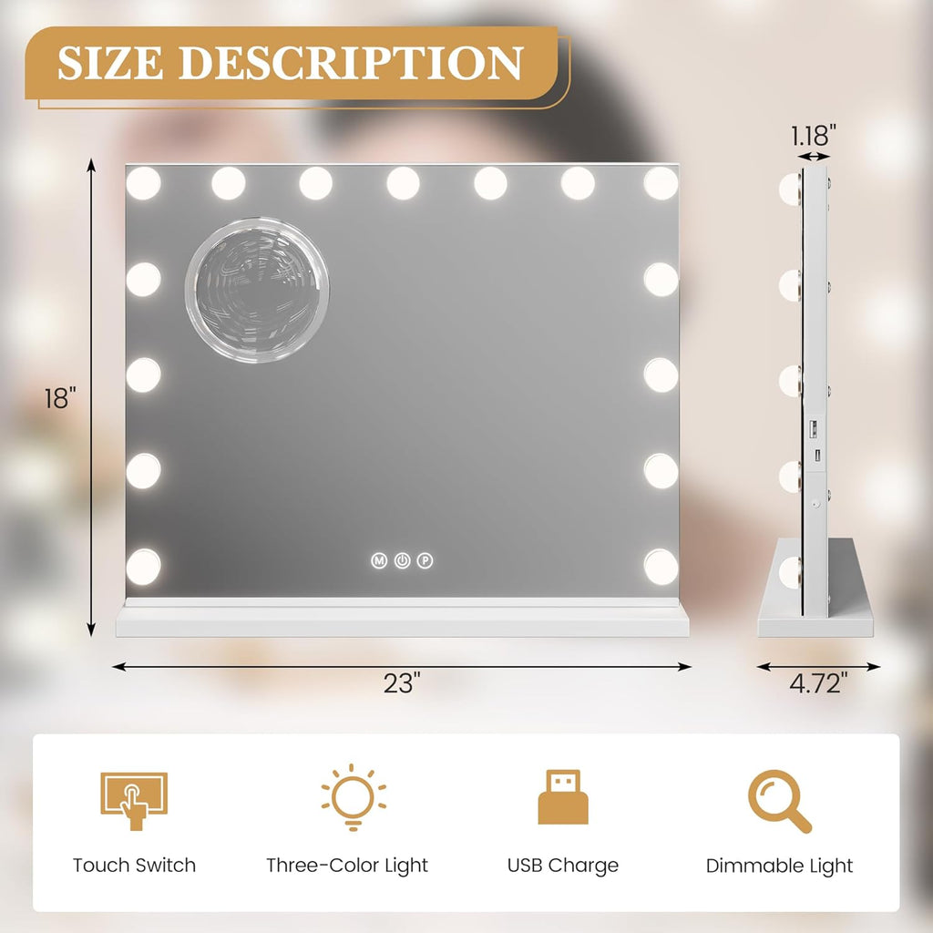 Vanity Mirror with Lights, 23" x 18" Makeup Mirror with Lights, Hollywood Lighted Vanity Mirrors with 15