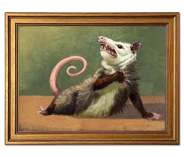 Vintage Gold Framed Funny Opossum Wall Art, Whimsical Possum Pictures Wall Decor, Quirky Animal Paintings Canvas