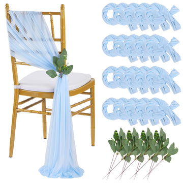 Light Blue Sashes Chair Aisle Decorations: 24 Pack Baby Shower Chair Cover 8FT Long Tulle Draping Fabric Wedding