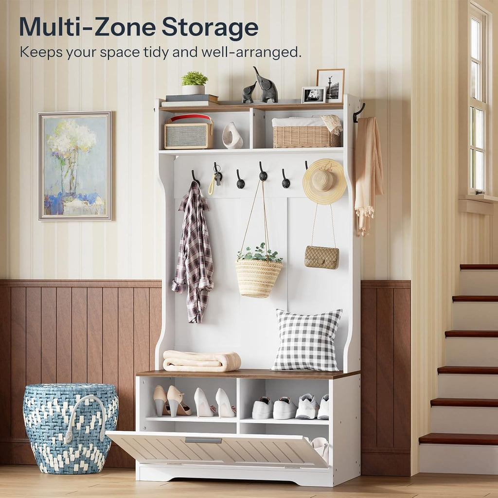 Hall Tree with Bench, 15.7''W Entryway Bench with Coat Rack, Shoe Cabinet with Flip Drawer, LED Hall Tree with 9