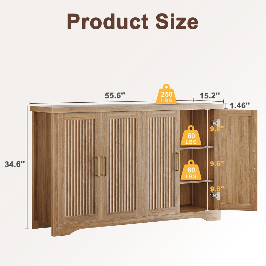 Fluted Buffet Cabinet with Storage Accent Sideboard,Modern Credenza with 4 Doors & Adjustable Shelves,Wood Coffee Bar