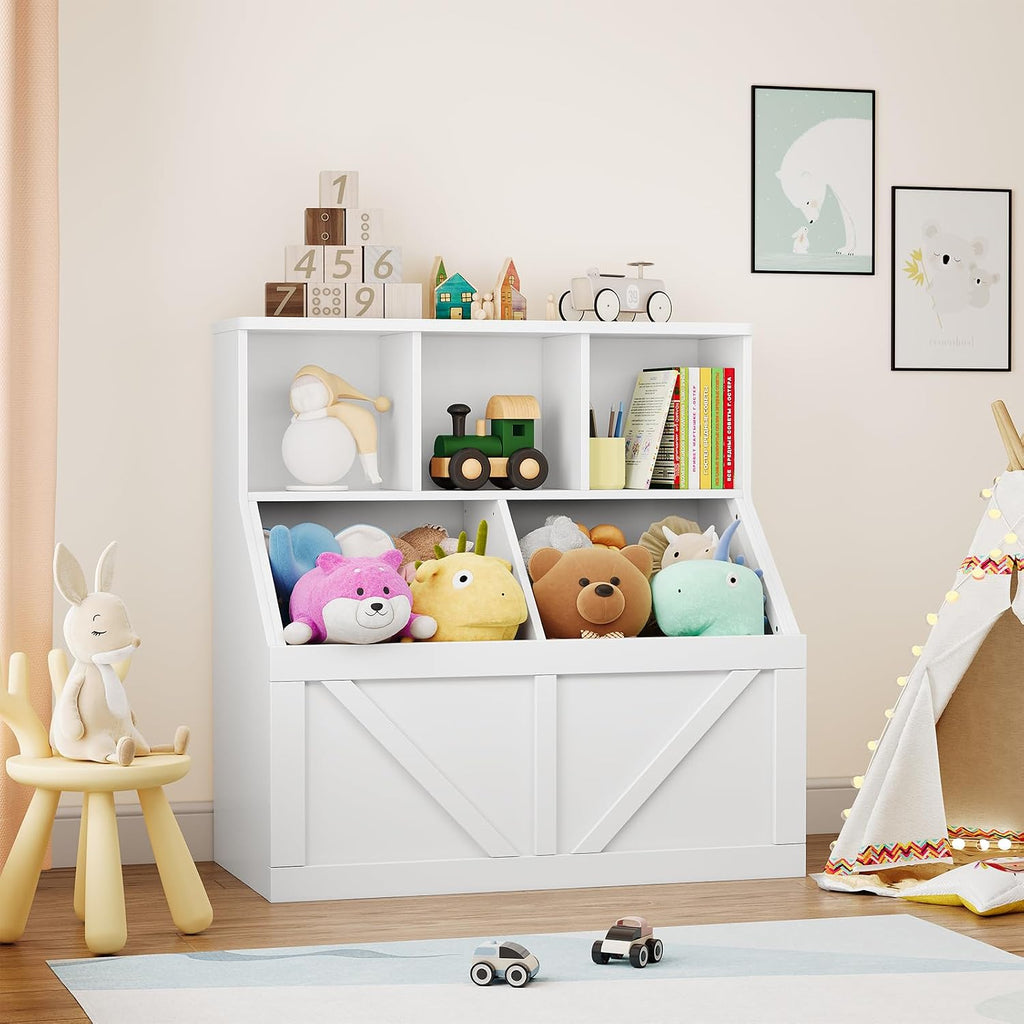 Kids Bookshelf and Toy Storage, Kids Toy Storage Organizer, White | Toy Organizer with Storage Cabinet and Cubby