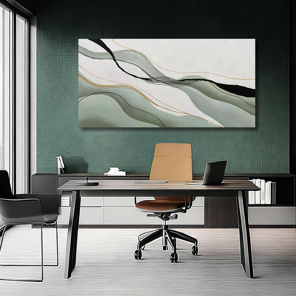 Green White Black Modern Abstract Art Print, Large Canvas Decor Bedroom Office Dining Room, 28x59 Inch