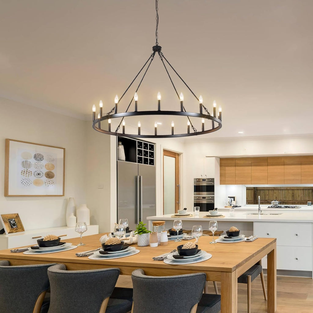 Inspired Camino Style Chandelier - 47.2 inches Black Wagon Wheel Chandelier- 20 Light Large Farmhouse Chandelier Industrial Rustic Dining Room Light Fixture Round High Ceiling Pendant Light for Living Room Entryway Foyer