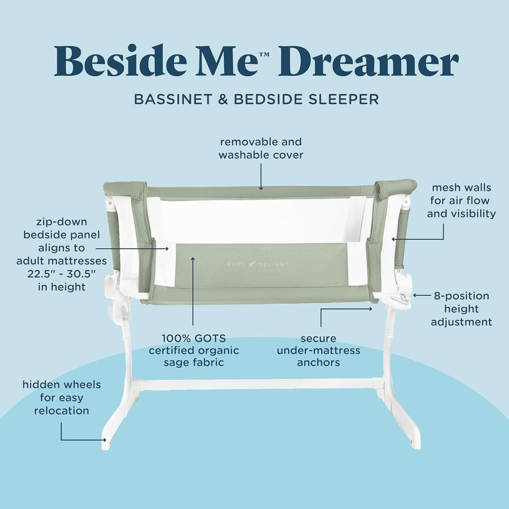 Beside MeTM Dreamer Bassinet, Organic Sage | 6-Position Height Adjustment, Mesh Wall for Air Flow & Visibility, Zip