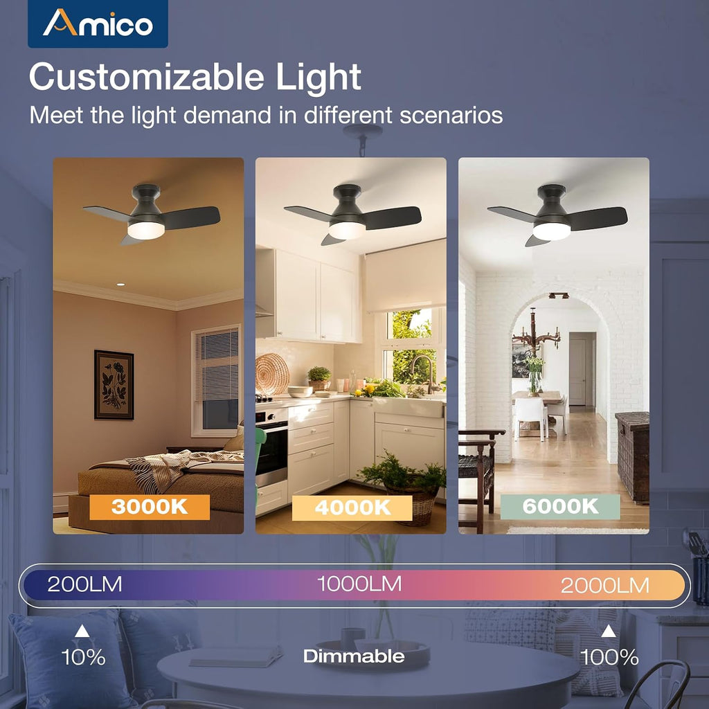 Ceiling Fans with Lights, 30 inch Low Profile Ceiling Fan with Light and Remote Control, Flush Mount, Reversible, 3CCT, Dimmable, Noiseless, Black Ceiling Fan for Bedroom, Indoor/Outdoor Use