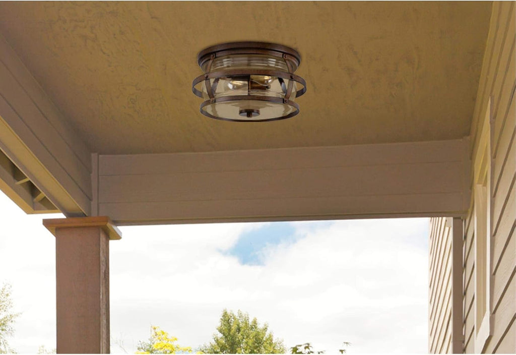 Weatherby 14 Inch Rustic/Arts & Crafts Two-Light Outdoor Flush Mount Ceiling Light, Barnwood Finish, Clear Glass, bronze