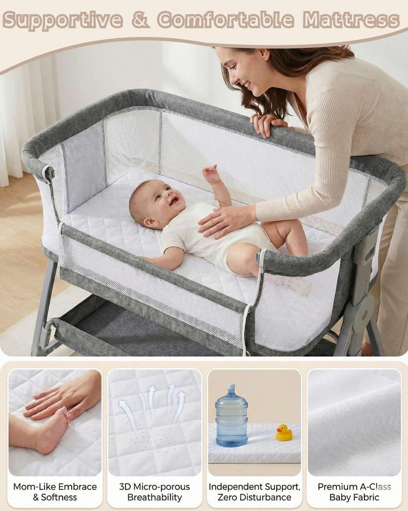 Bedside Bassinet for Baby, Sturdy 3 in 1 Bedside Sleeper with Mattress & Wheels, Height Adjustable, Breathable Mesh