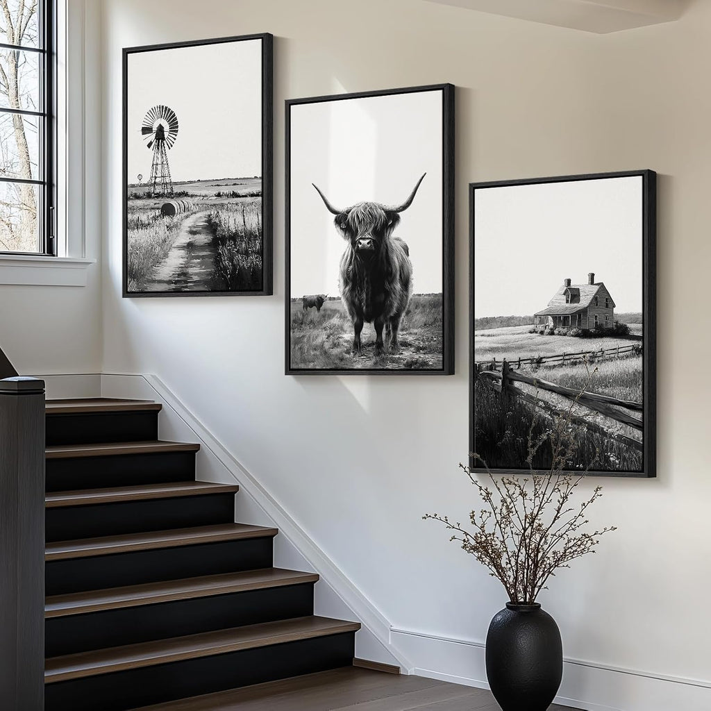 Large Framed Black and White Wall Art , Modern Highland Cow Canvas Prints Paintings Set of 3 Pieces, Contemporary