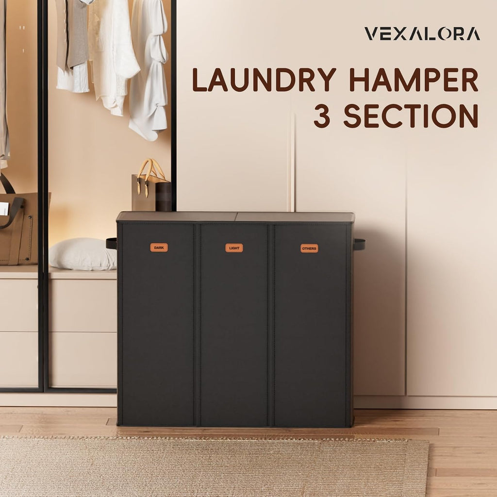 185L Laundry Hamper 3 Section, Laundry Hamper with Lid, Dirty Clothes Hamper with 3 Removable Washing Bags, Extra