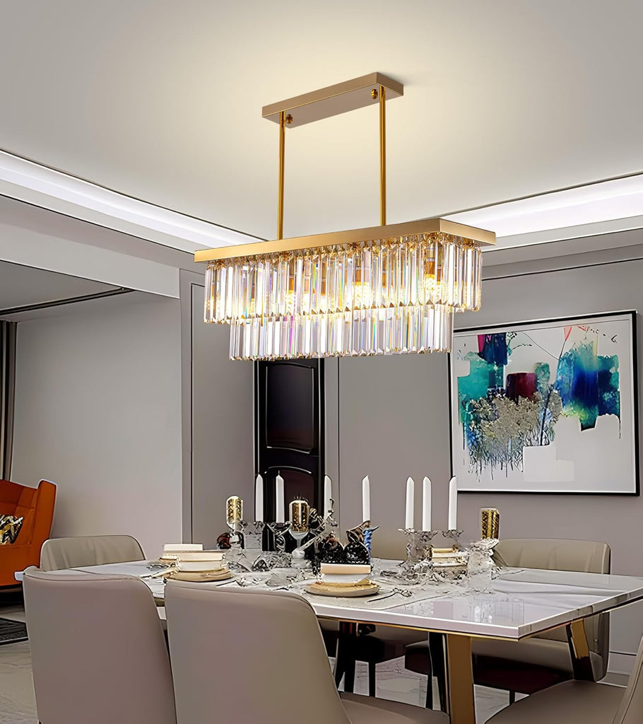 8-Light Modern Crystal Chandelier for Dining Room, Rectangular Gold 2-Tiers Crystal Raindrop Chandelier, Luxury Pendant Ceiling Light for Living Room Kitchen Island L31.5'' x W10'' x H10'' A107-B0BZHZ9STK