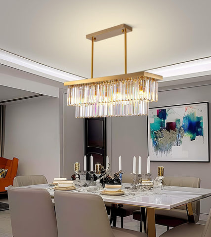 8-Light Modern Crystal Chandelier for Dining Room, Rectangular Gold 2-Tiers Crystal Raindrop Chandelier, Luxury Pendant Ceiling Light for Living Room Kitchen Island L31.5'' x W10'' x H10'' A107-B0BZHZ9STK