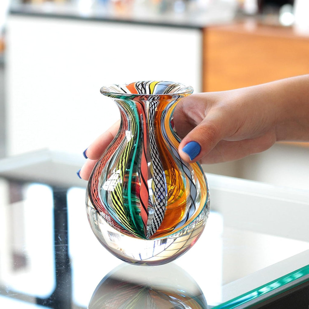 Murano Style Glass Vase Hand Blown Colored Canes Boho Effect Home Decor