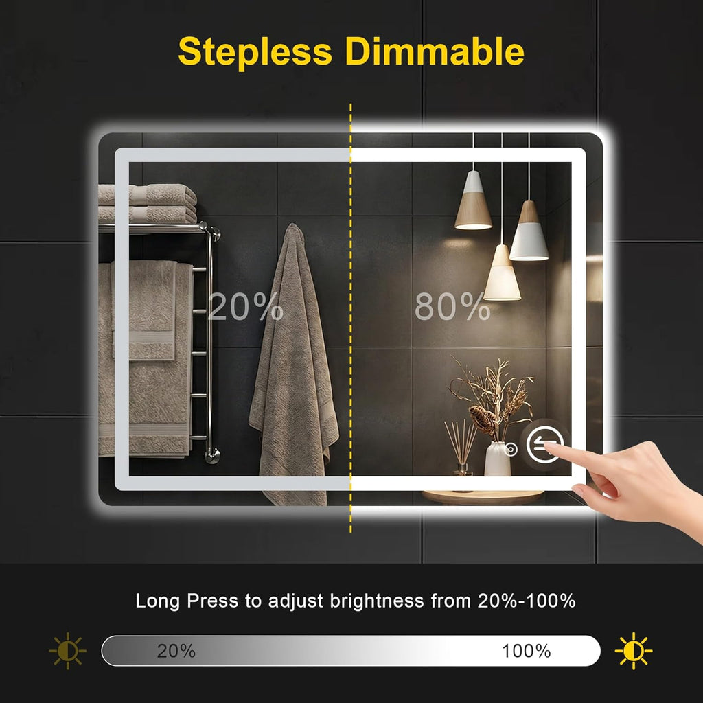 LED Bathroom Mirror with Lights - Anti-Fog, Dimmable, Backlit+Frontlit, 3 Color Light - 40"x30" Lighted Vanity Mirrors