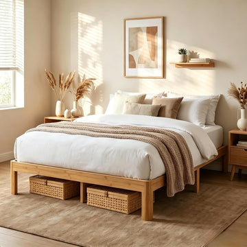 12 inch Bamboo Solid Wood Queen Bed Frame Apartment