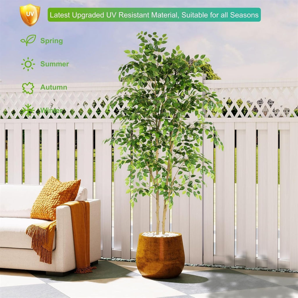 Tall UV Resistant Ficus Tree Artificial,6ft(72in) Faux Ficus Tree with Realistic Smooth and Shiny Leaves, Fake Trees