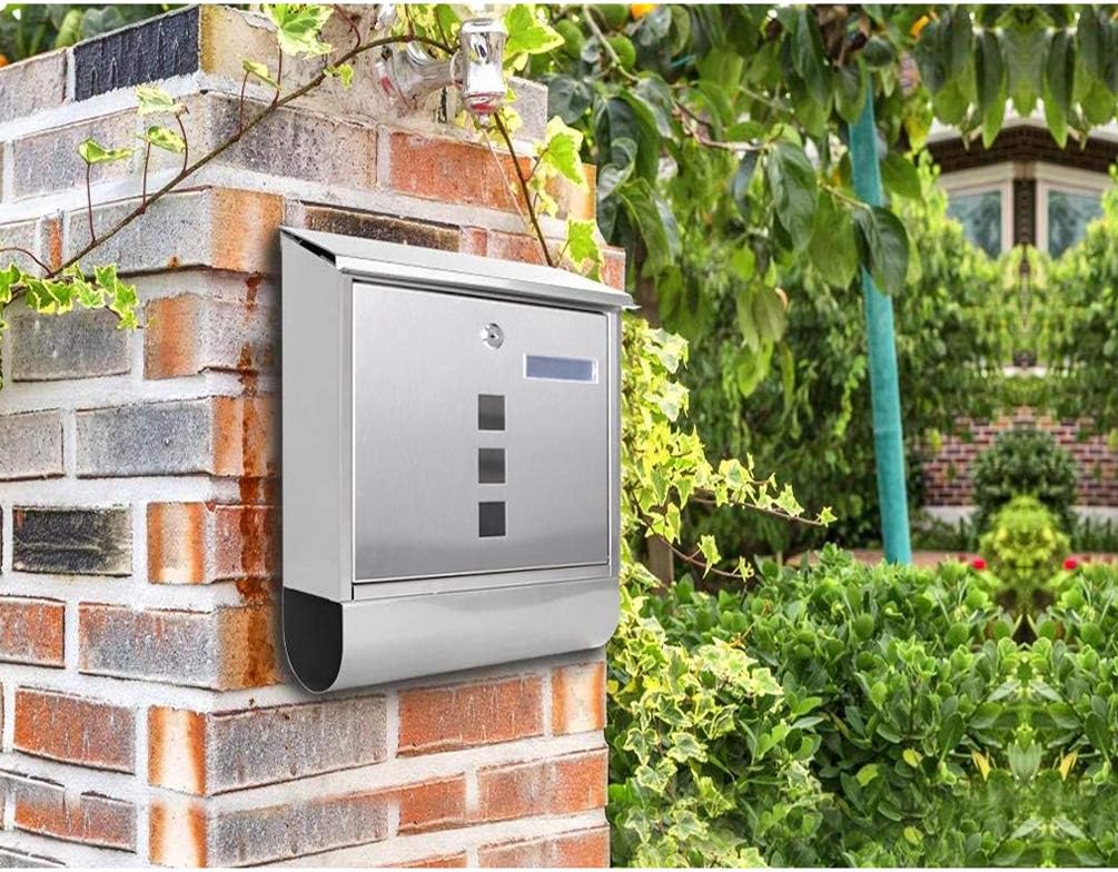 Locking Wall Mount Mailbox, Stainless Steel Mailboxes with Secure Key Lock and Newspaper Compartment, HPB2203 Silver