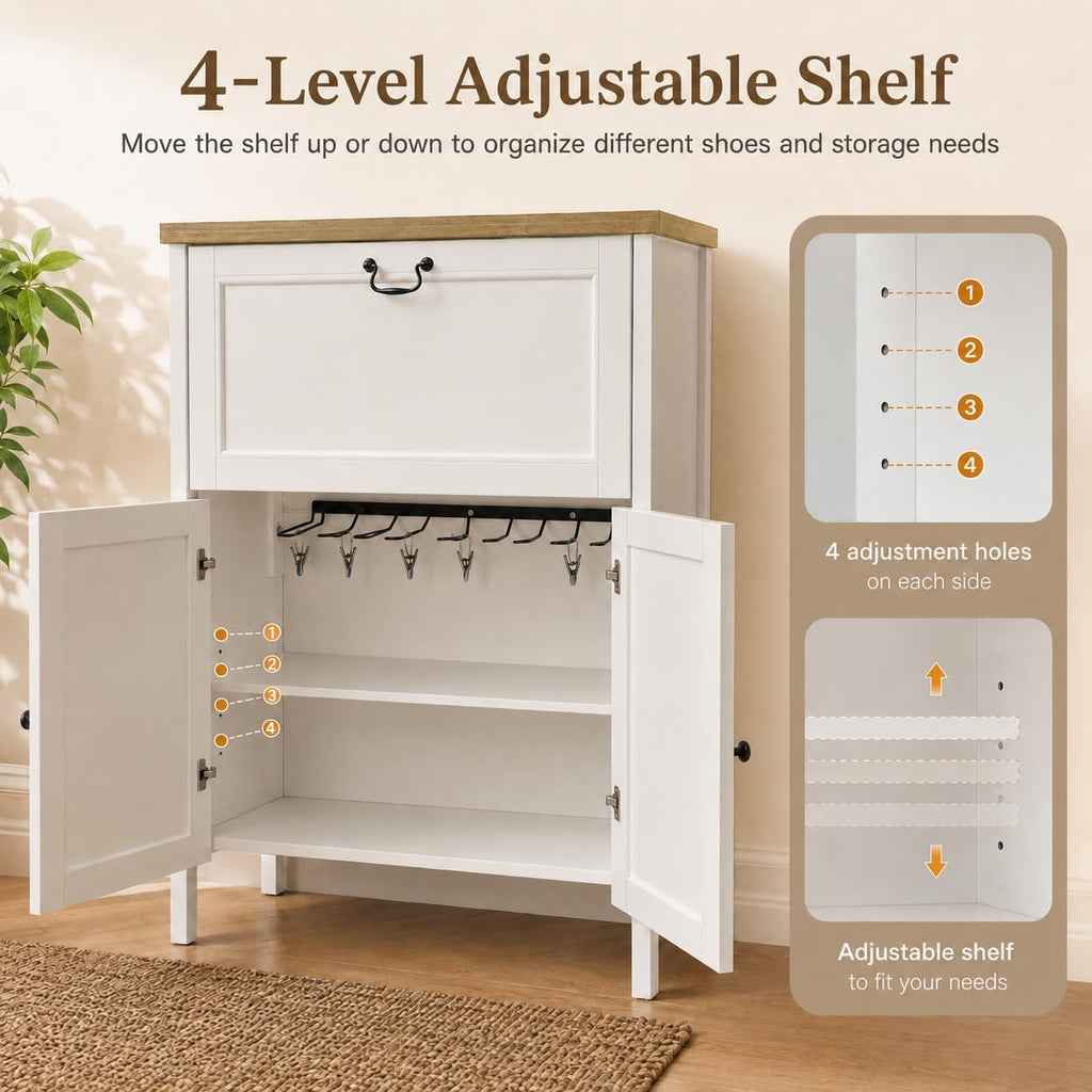 Shoe Cabinet with Flip Drawer, Shoe Storage Cabinet with Boot Rack and 6 Boot Clips, Narrow Entryway Shoe Cabinet