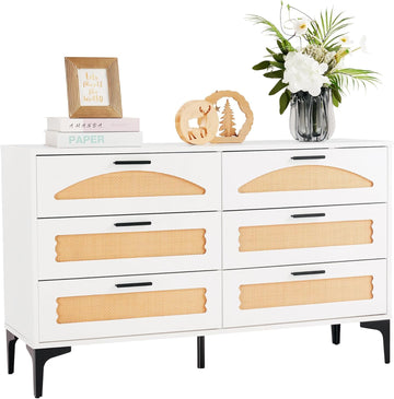 6 Drawer Double Dresser, Wood Rattan Dresser for Closet with Metal Legs, Boho TV Stand with Drawers, White