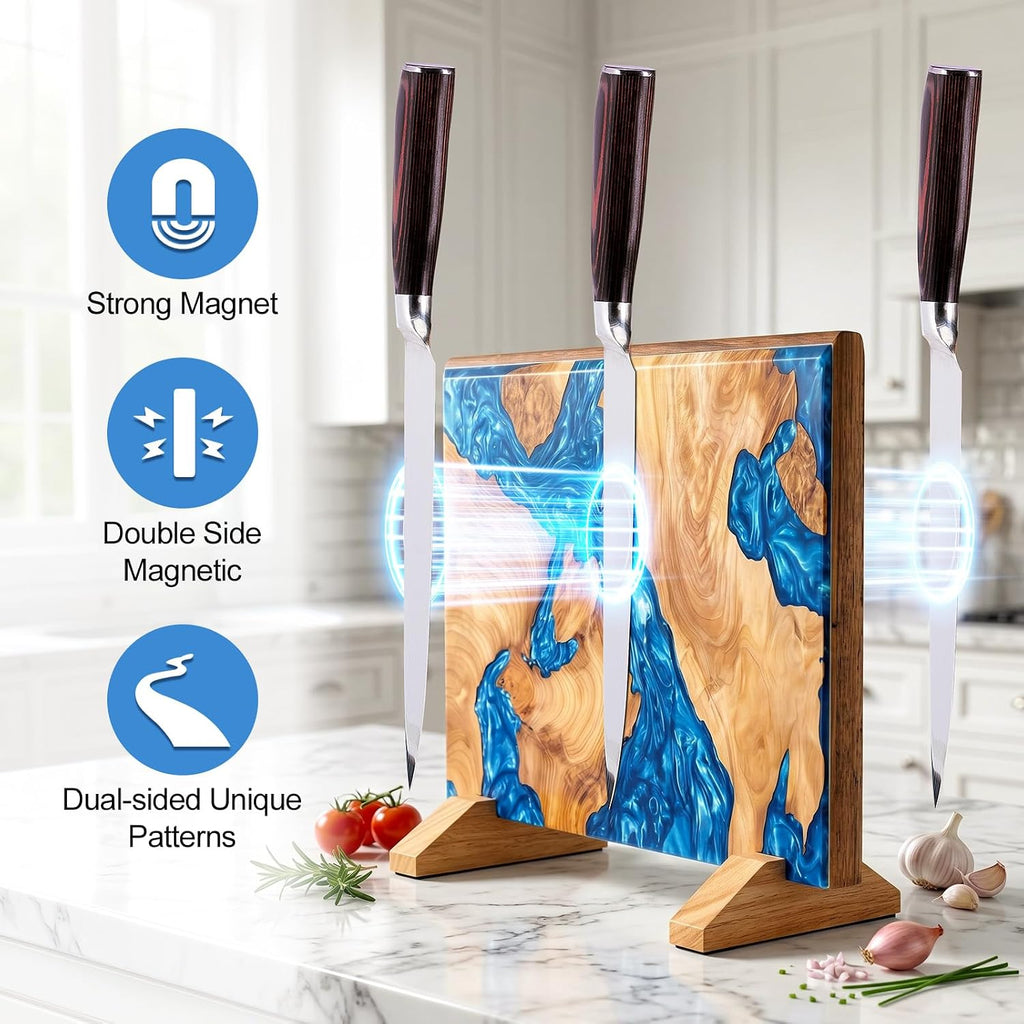 Magnetic Knife Holder, Double Sided Knife Block, Powerful Magnet Kitchen Storage, Beautiful Blue Resin Burl Wood