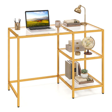 Computer Desk, 42 Inch Home Office Desk with Tempered Glass, Storage Shelves & Metal Frame, Modern Work PC Desk