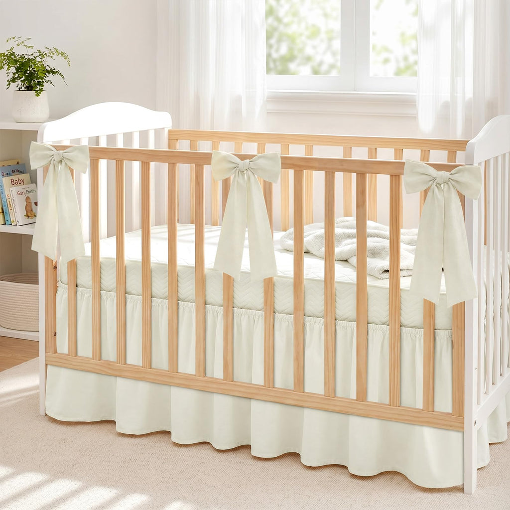 Beige Crib Bed Skirts with 4 Large Cot Bow 28" x 52", 14" Drop